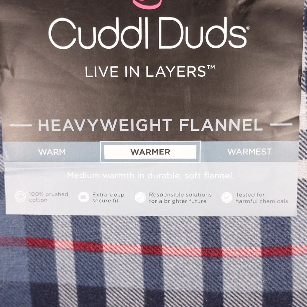 Cuddl Duds King Sheet Set Heavyweight Flannel Navy Red Plaid 100% Cotton NEW